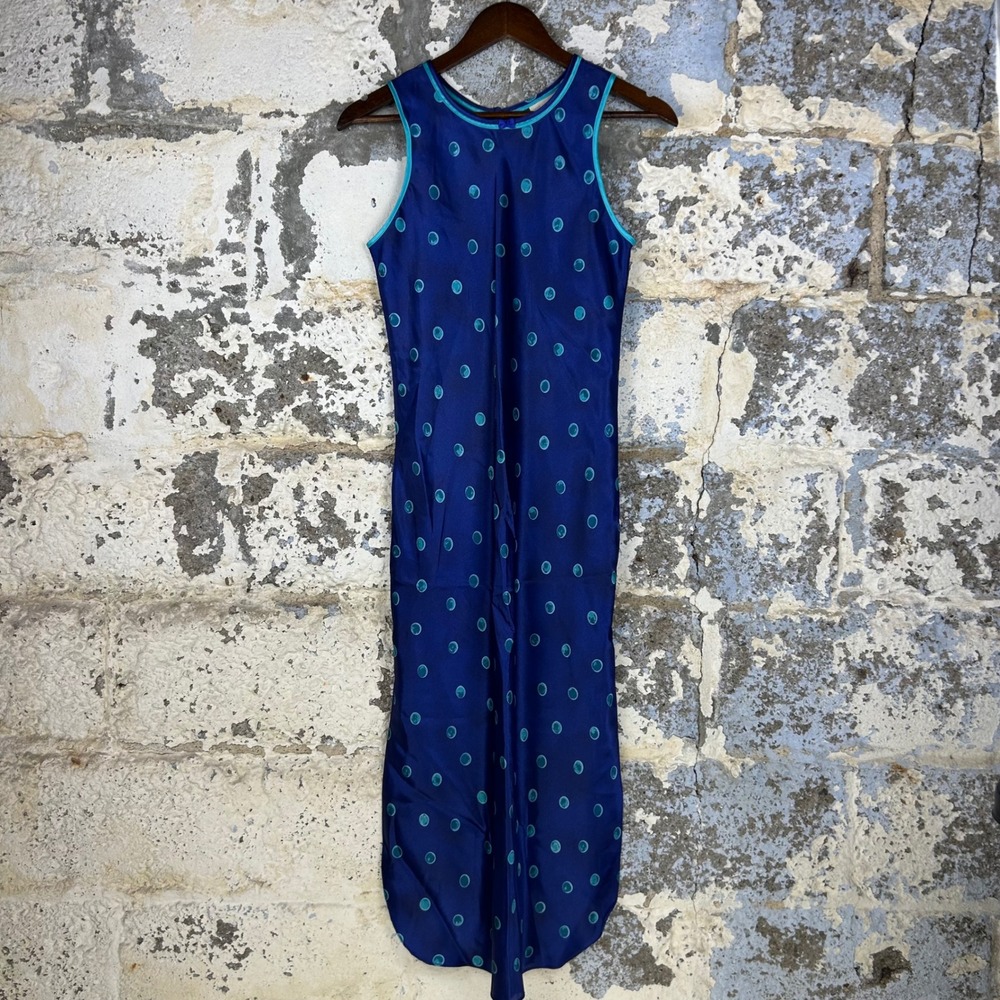 Vintage 90's California Dynasty Nightgown Blue Polka Dot Satin Midi Womens Small
